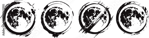 Four black ink circle stamps with varying distressed full moon designs, grunge lunar phases