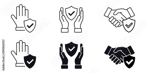 Hand Gestures with Shield Line and Solid Icon Set Vector Illustration, Security, Trust, and Protection Symbols for Business Assurance, Data Safety, Insurance, Privacy, and Risk Management Design
