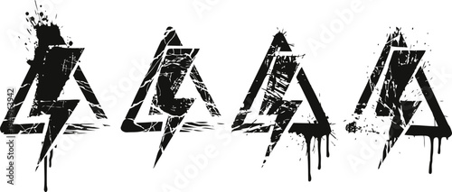 Grunge electric shock warning symbols with distressed splatter paint design