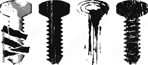 Various types of screws with different thread styles and damaged heads in black ink illustration