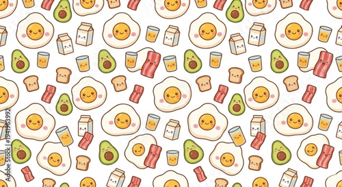 Kawaii breakfast seamless pattern with cute egg bacon avocado toast and milk carton cartoon characters on white background vector illustration