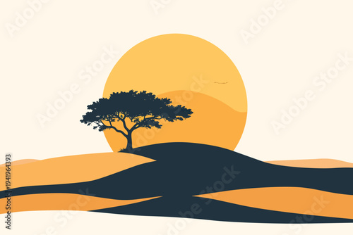 A vibrant vector illustration of a lone tree silhouette against a desert landscape during a warm orange sunset with mountains and sand hills under a cloudy sky