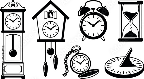 Black and white silhouette set of various clocks including grandfather clock cuckoo clock alarm clock hourglass pocket watch and sundial vector art