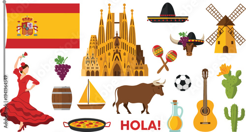 Spain cultural symbols and landmarks collection with Spanish flag, flamenco dancer, bull, guitar, paella, Sagrada Familia and traditional objects illustration