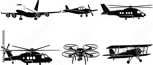 Aircraft silhouettes illustration set, aviation design artwork, commercial jet helicopter drone biplane vector drawing, transportation concept
