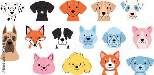 Diverse Dog and Animal Icon Set Featuring Various Dog Breeds, Fox, and Poodles in Cute, Playful Vector Style