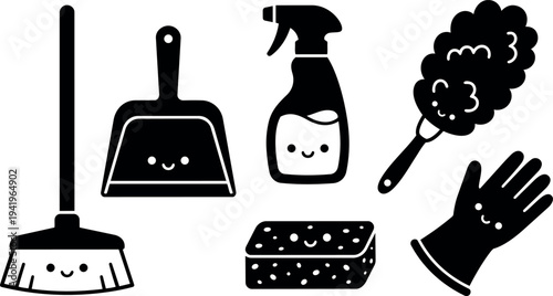 Cute smiling cleaning tools vector set with broom dustpan spray bottle duster sponge and glove icons