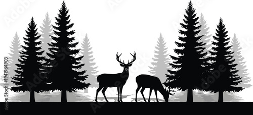 Forest deer silhouette illustration, wildlife nature artwork, buck grazing doe design, pine tree outdoor scene, decorative vector drawing, landscape concept