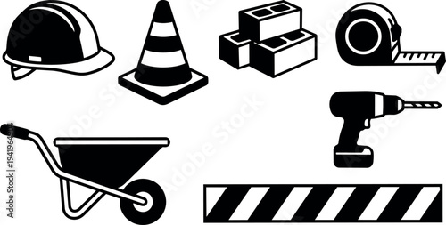 Black and white flat design construction icons including safety helmet drill bricks wheelbarrow tape measure and caution barrier safety equipment set