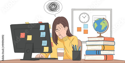Student studying at desk with computer, books and coffee, young woman preparing for exams and learning online in modern home study workspace illustration