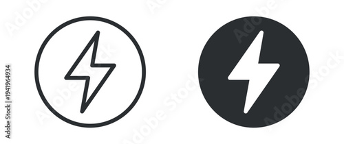 Lightning bolt energy icon set, electric power flash symbol, outline and solid silhouette style. Vector illustration.