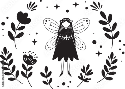 Whimsical fairy in floral wreath with stars and leaves