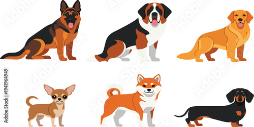 Dog Breeds Icon Set Featuring Various Dogs Including German Shepherd, Saint Bernard, Golden Retriever, Shiba Inu, Chihuahua, and Dachshund in Playful Vector Style