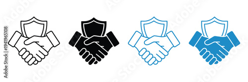 Handshake with Shield Line and Solid Icon Set Vector Illustration, Trust, Security, and Partnership Symbols for Business Agreement, Protection, Insurance, Data Safety, and Corporate Collaboration