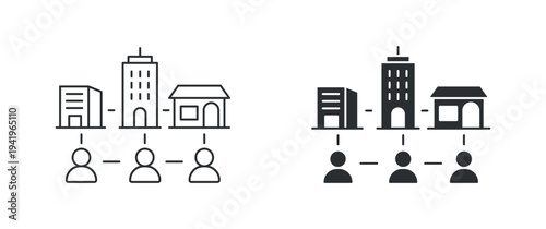Community Network Buildings Icon Set, People Connected to City Infrastructure Symbol, Outline and Solid Silhouette Style. Vector Illustration.