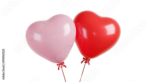 Two heart-shaped balloons in pink and red on transparent background