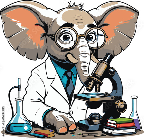 Elephant human hybrid scientist looking through microscope, cartoon vector mascot, bold thick black outline, sticker illustration, white background 1