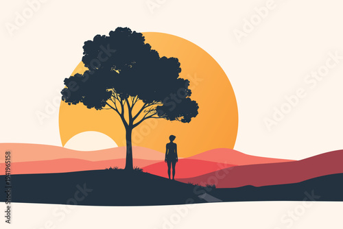 A minimalist vector illustration features the silhouette of a lonely tree atop a mountain hill against a vibrant orange sunset sky over a grassy countryside field landscape