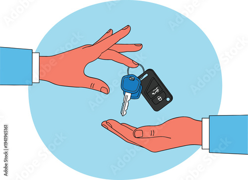 Car key handover between two people symbolizing vehicle sale, rental or ownership transfer, automotive transaction and dealership service concept illustration