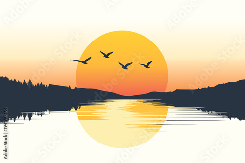 A beautiful summer sunset reflects orange and red light across the calm water of a river and lake landscape under a dramatic evening sky with clouds and trees at dusk