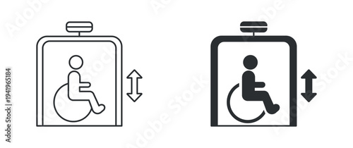 Wheelchair Elevator Lift Icon Set, Accessible Disabled Lift Symbol, Outline and Solid Silhouette Style. Vector Illustration.