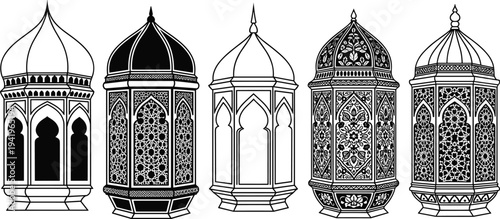 Islamic lantern silhouettes illustration, decorative Middle Eastern design artwork, ornate cultural vector drawing, Ramadan decor concept, traditional architecture motif