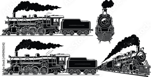 Steam locomotive illustrations, vintage train artwork, mechanical engine drawing, historical railway design, industrial transportation vector, detailed silhouette concept