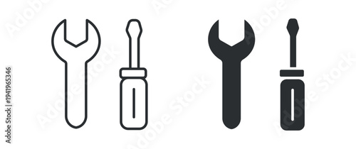Wrench and screwdriver icon set, repair maintenance tools symbol, outline and solid silhouette style. Vector illustration.