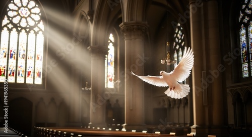 White dove flying inside traditional church with light beams from stained glass window. Spiritual symbol of peace and holy spirit. Religious faith, hope and belief concept in cathedral.