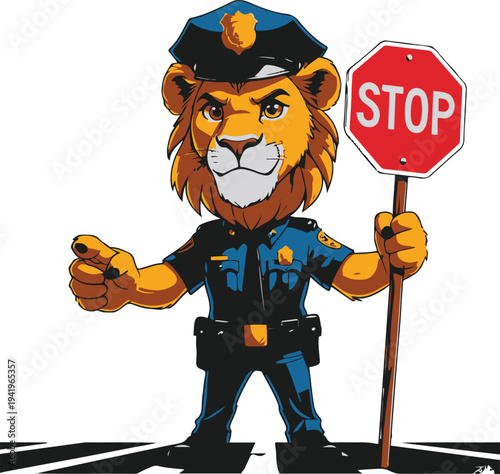 Lion human hybrid police officer directing traffic confidently, cartoon vector mascot, bold thick black outline, vector sticker design, white background 1