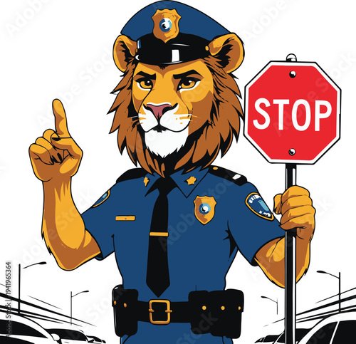 Lion human hybrid police officer directing traffic confidently, cartoon vector mascot, bold thick black outline, vector sticker design, white background