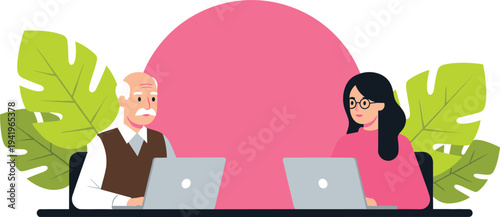 Two professionals working on laptops in modern workspace, business communication and remote collaboration concept with colleagues discussing project online illustration