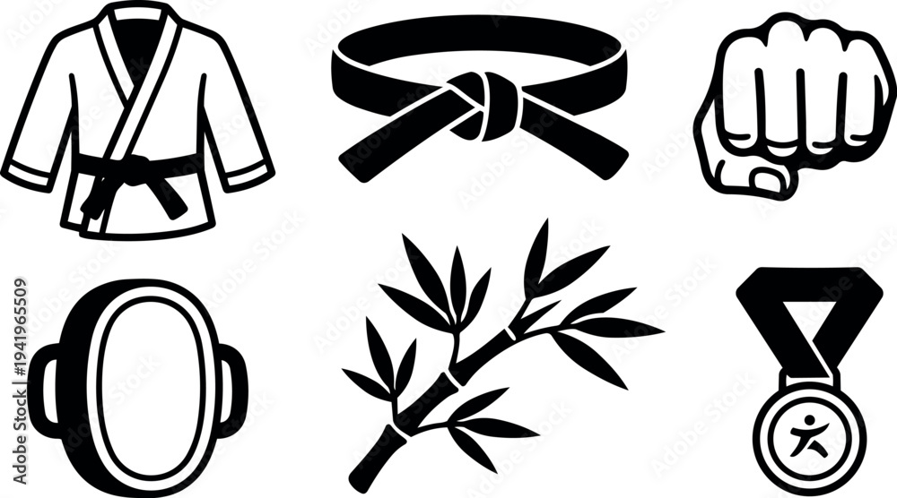 Fototapeta premium Black and white vector icons of martial arts gi black belt fist head guard bamboo branch and sports medal design