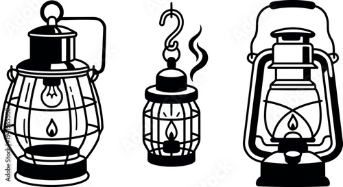 Black and white vintage style lantern set with different fire lights in classic metal cage design vector art illustration
