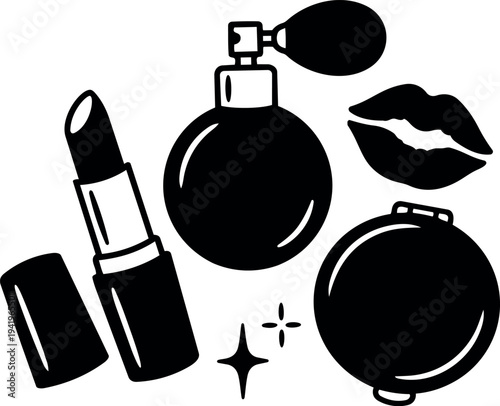 Minimalist black and white vector art of lipstick perfume bottle compact mirror and lips icons simple beauty cosmetic set