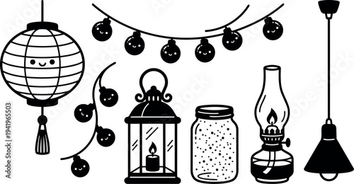 Cute smiling happy lantern string lights hanging glass jar candle lamp collection black and white vector art illustration