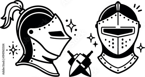Black and white flat design medieval knight helmets facing forward and sideways with crossed swords and sparkle effects