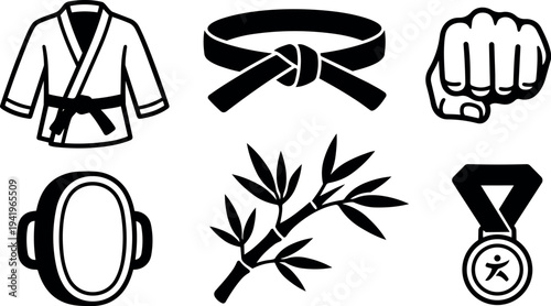 Black and white vector icons of martial arts gi black belt fist head guard bamboo branch and sports medal design