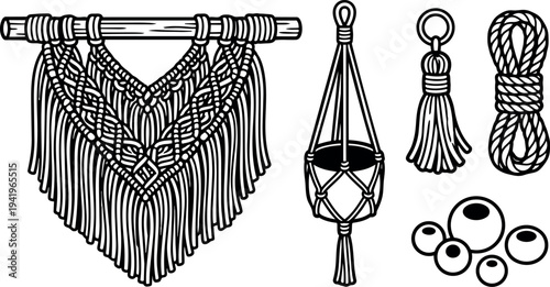 Detailed macrame wall hanging plant holder with wooden rod and decorative knot rope set vector illustration