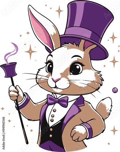 Rabbit human hybrid magician performing magic trick with hat, cartoon vector mascot, bold thick black outline, minimal sticker style, white background 2