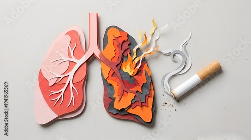 Paper Cutout of Healthy and Damaged Lungs with Cigarette Smoke and Flames Representing Smoking Effects