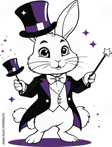  Rabbit human hybrid magician performing magic trick with hat, cartoon vector mascot, bold thick black outline, minimal sticker style, white background 3