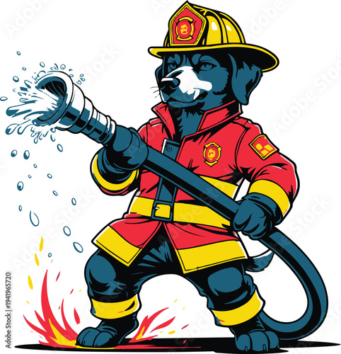 Dog human hybrid firefighter holding fire hose heroically, cartoon vector mascot, bold thick black outline, vector sticker style, white background 1