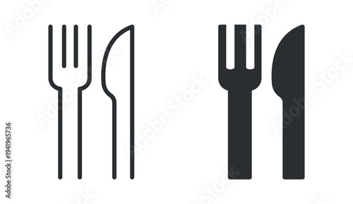 Fork and knife icon set, restaurant dining cutlery symbol, outline and solid silhouette style. Vector illustration.