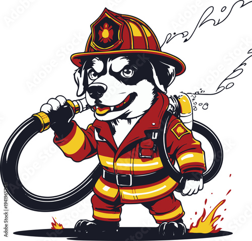  Dog human hybrid firefighter holding fire hose heroically, cartoon vector mascot, bold thick black outline, vector sticker style, white background