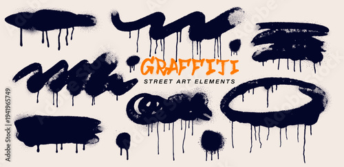 Black squiggly spray paint brush strokes. Graffiti punk style lines. Paint drips create dynamic street art elements, curly strokes, ink splatters. Urban posters, covers, stickers, prints, edgy design.