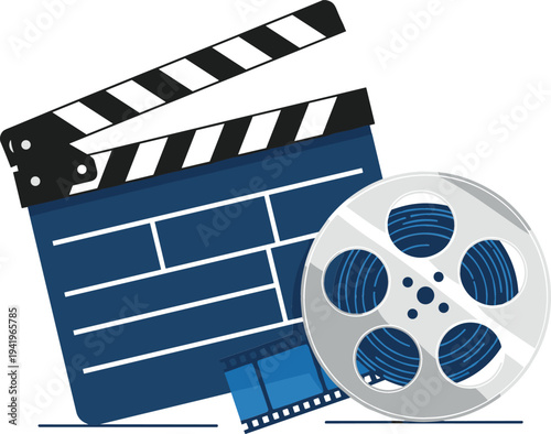 Movie production concept with film clapperboard, cinema reel and filmstrip, filmmaking equipment illustration for video production, entertainment industry and media content