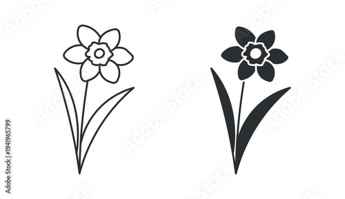 Flower plant icon set, decorative garden blossom symbol, outline and solid silhouette style. Vector illustration.