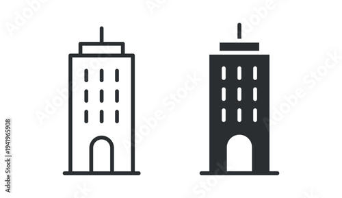 Tower building icon set, city architecture landmark symbol, outline and solid silhouette style. Vector illustration.