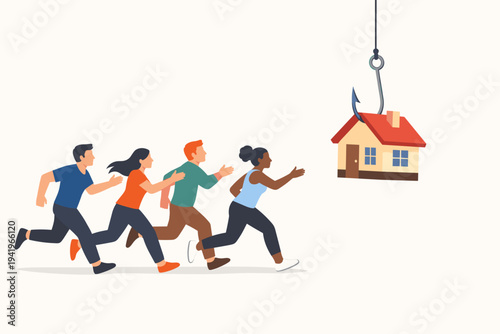 People running after a house on a fishing hook, conceptual vector illustration of real estate scams, housing market traps, mortgage debt, and the competitive struggle for homeownership.